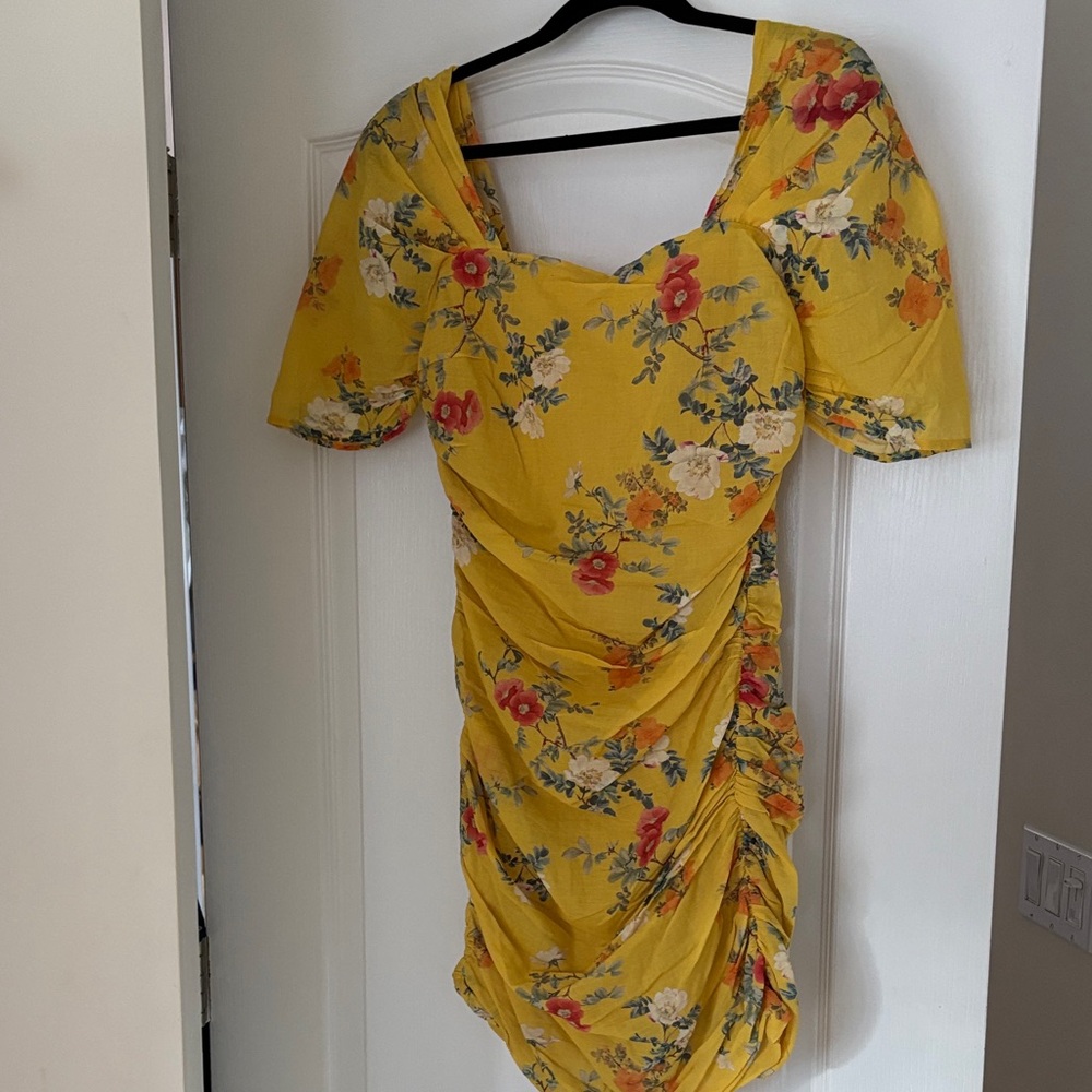 Lovers + Friends Ladies Yellow Floral Ruched Mini Dress-S-Graduation-Shower